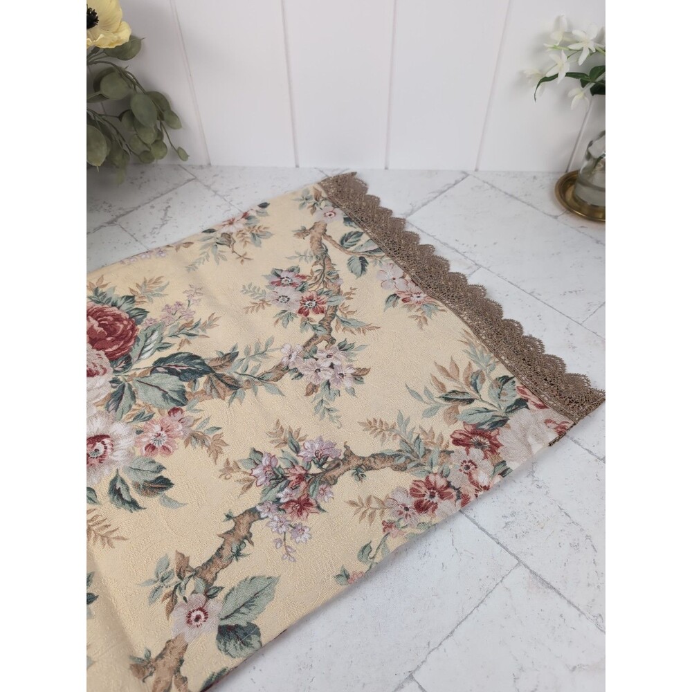 Beige Jacquard Floral Table Runner with Gold Lace Trim French Country Cottage